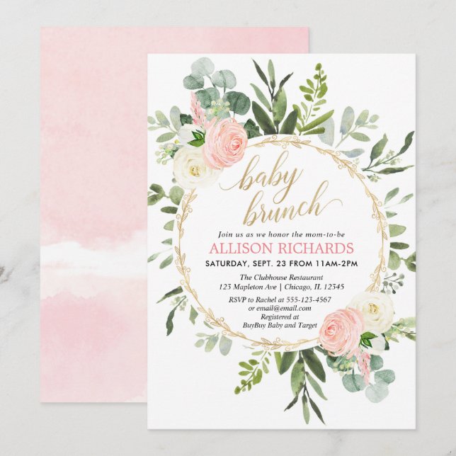 Invitación Elegante brunch chica de color dorado rosa (Anverso / Reverso)