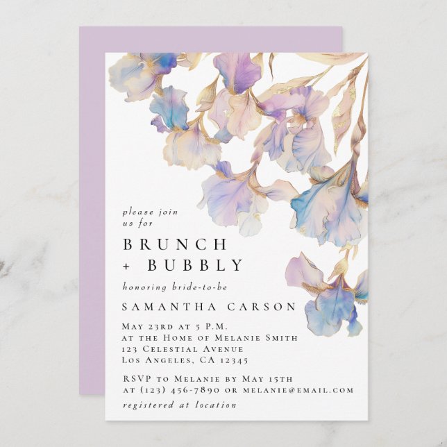 Invitación Elegante brunch de agua floral de Iris y burbujean (Anverso / Reverso)