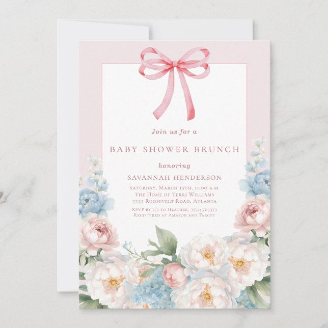 Invitación Elegante brunch de Baby Shower con flores rosadas (Anverso)