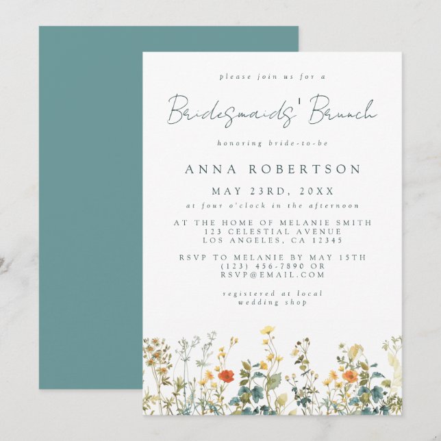 Invitación Elegante Brunch de Bridesmaids de Flores Silvestre (Anverso / Reverso)