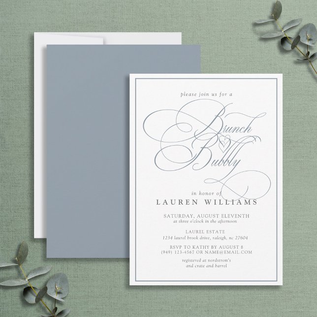 Invitación Elegante brunch de caligrafía azul turbia y burbuj (Subido por el creador)
