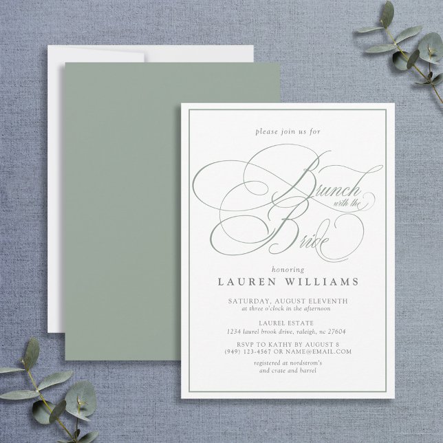 Invitación Elegante brunch de caligrafía verde sabio con novi (Subido por el creador)
