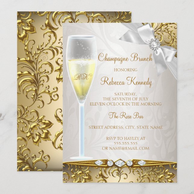 Invitación Elegante brunch de champán blanco beige dorado (Anverso / Reverso)