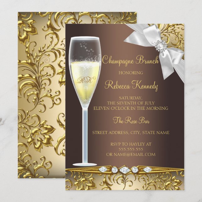 Invitación Elegante brunch de champán blanco de oro marrón In (Anverso / Reverso)