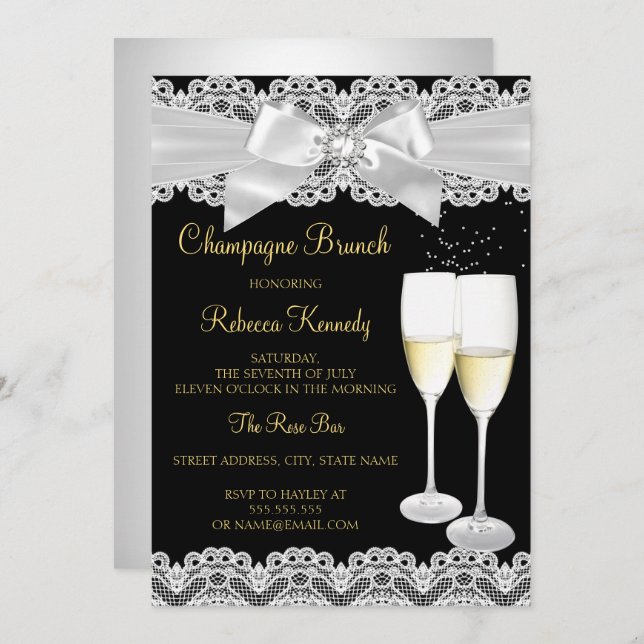 Invitación Elegante brunch de champán blanco negro invitado (Anverso / Reverso)
