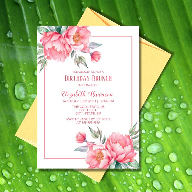 Invitación Elegante brunch de cumpleaños con peones rosados (Subido por el creador)