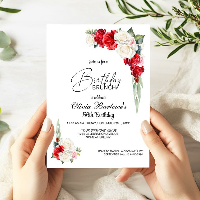 Invitación Elegante Brunch de cumpleaños floral de rosa blanc (Subido por el creador)