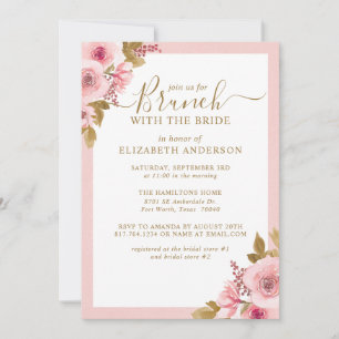 Invitación Elegante Brunch de ducha de novia con flores rosad