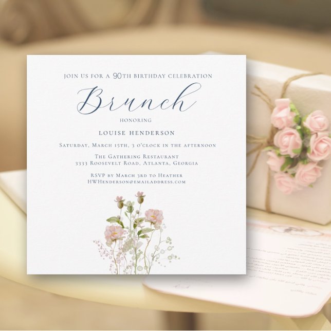 Invitación Elegante Brunch de Flor Salvaje Rosa 90 cumpleaños (Subido por el creador)