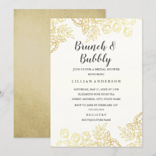Invitación Elegante Brunch De Floral Dorado Vintage Y Bubbly