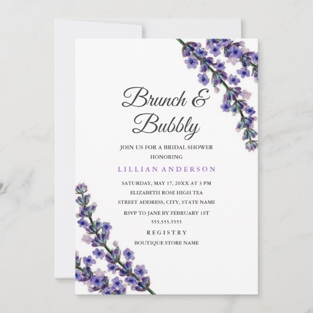 Invitación Elegante Brunch de Lavanda y ducha Bubbly Bridal (Anverso)