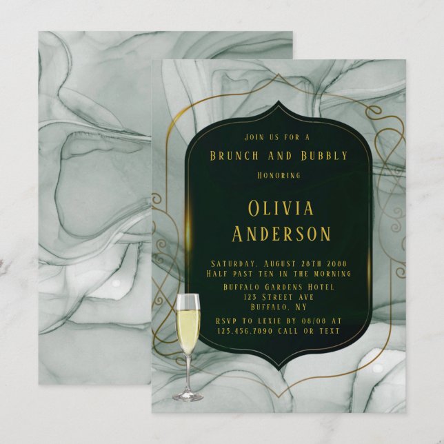 Invitación Elegante brunch de marco dorado verde esmeralda y  (Anverso / Reverso)