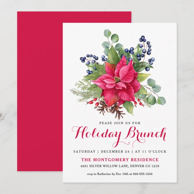 Invitación Elegante brunch de Navidades rojos de Poinsettia (Anverso / Reverso)