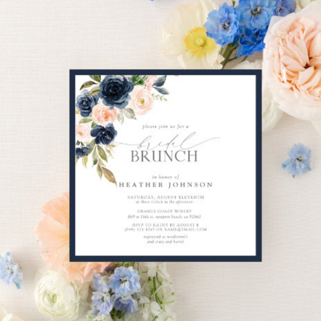 Invitación Elegante brunch de novia azul Rubor rosa (Subido por el creador)