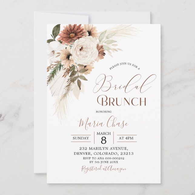 Invitación Elegante Brunch de Novias Beige Boho Pampas (Anverso)