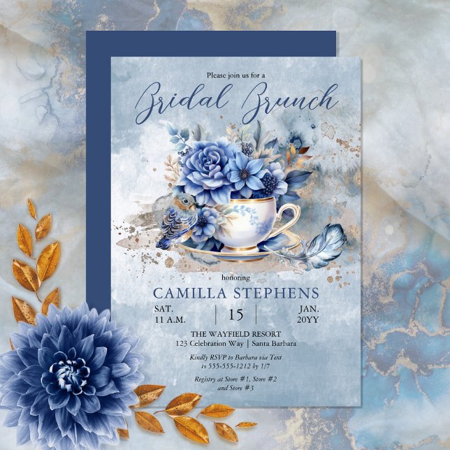 Invitación Elegante brunch de novias con té floral de inviern (Create a magical bridal celebration with this beautiful blue winter floral teacup and bird design.)