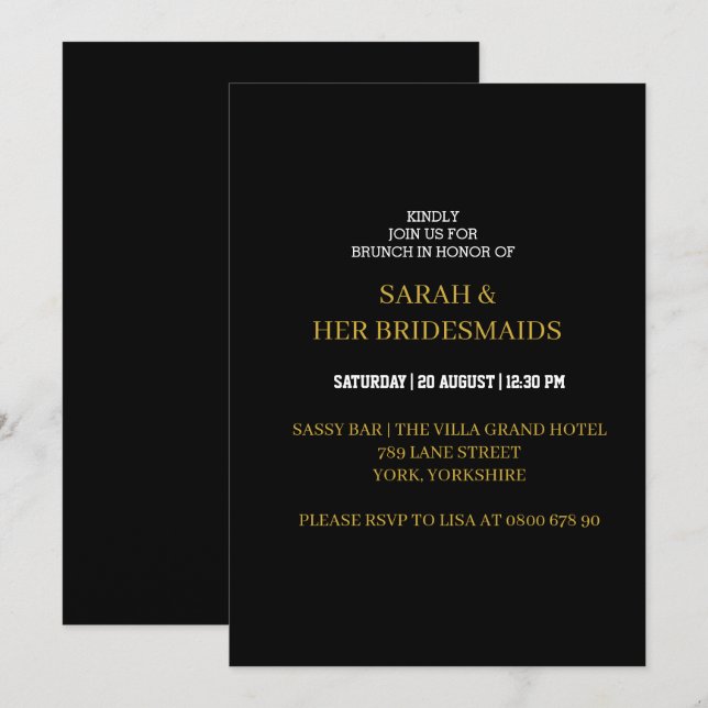 Invitación Elegante brunch de Novias de Oro Negro (Anverso / Reverso)
