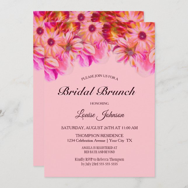 Invitación Elegante brunch de novias floral rosa y amarilla (Anverso / Reverso)