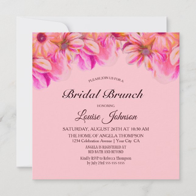 Invitación Elegante brunch de novias floral rosa y amarilla (Anverso)