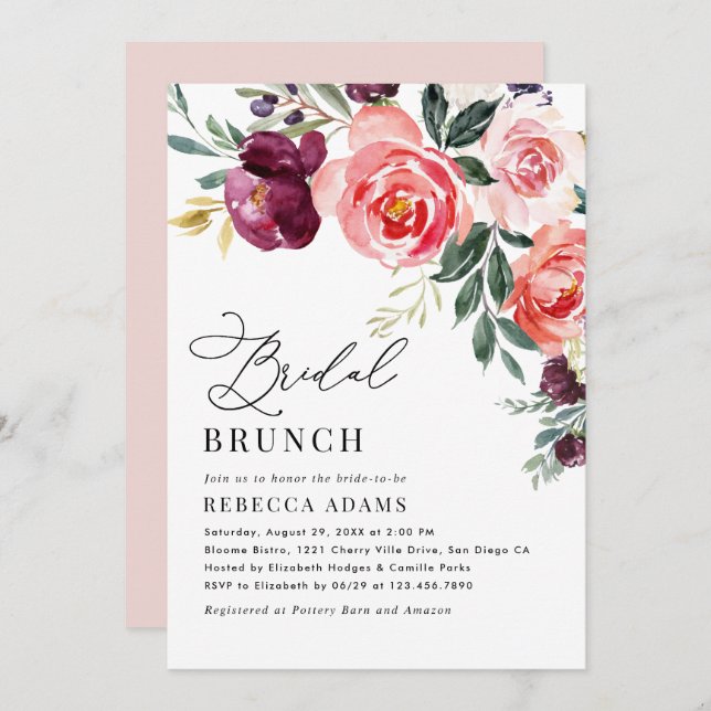 Invitación Elegante Brunch de novias florales (Anverso / Reverso)
