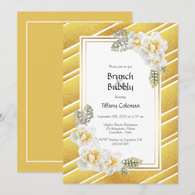 Invitación Elegante brunch de oro con flores de rosa amarillo (Anverso / Reverso)