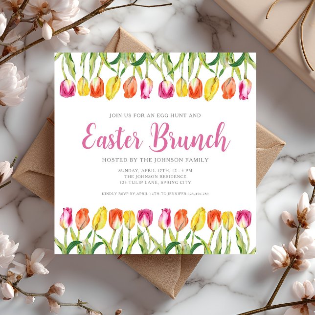 Invitación Elegante Brunch De Pascua Con Floral Rosa (Elegant Pink Floral Tulip Easter Brunch Invitation)