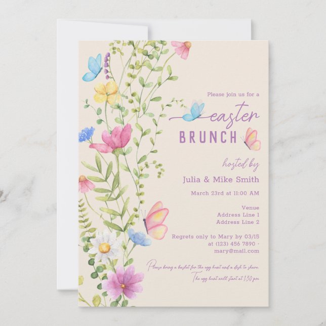 Invitación Elegante Brunch de Pascua de Mariposa de Flor Silv (Anverso)