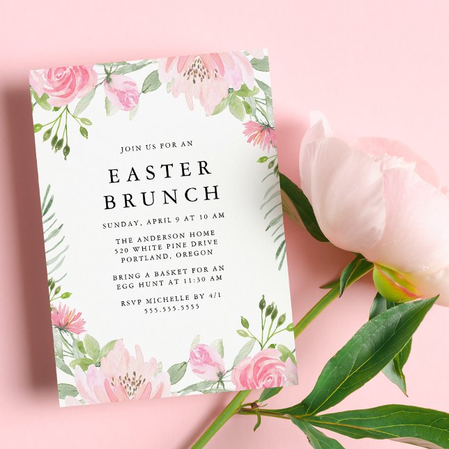 Invitación Elegante Brunch de Pascua Floral de Agua Rosa (Subido por el creador)