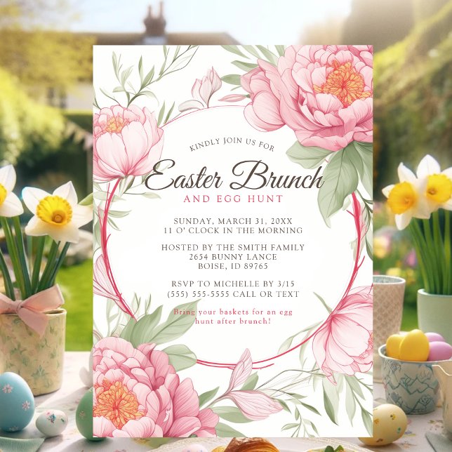 Invitación Elegante Brunch de Pascua Floral de Peón Rosa y ca (Easter brunch invite with pink flowers, event details, and a spring garden backdrop.)