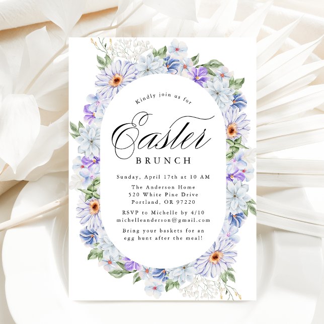 Invitación Elegante brunch de Pascua morado y floral azul (Subido por el creador)
