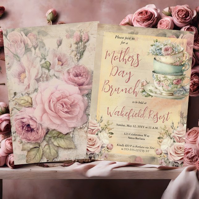 Invitación Elegante brunch de té con flores rosadas para el d (Elegant Pink Floral Tea Cups Mother's Day Brunch Invitation)