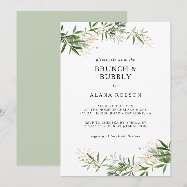 Invitación Elegante Brunch de vegetación de oliva y ducha de  (Anverso / Reverso)