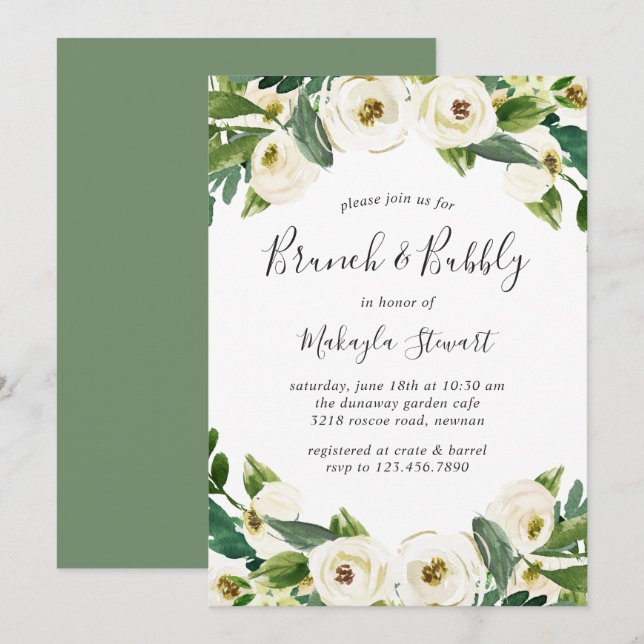 Invitación Elegante brunch de vegetación floral blanca y burb (Anverso / Reverso)