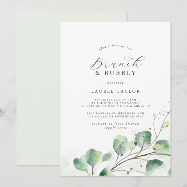 Invitación Elegante Brunch de Verdor y ducha Bubbly Bridal (Anverso / Reverso)