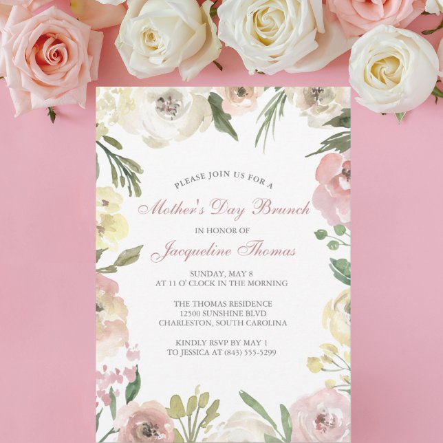 Invitación Elegante brunch del Día de la Madre con Flora Rosa (Subido por el creador)