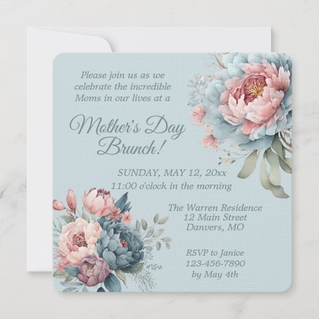 Invitación Elegante Brunch del Día de la Madre con Flores de  (Anverso)