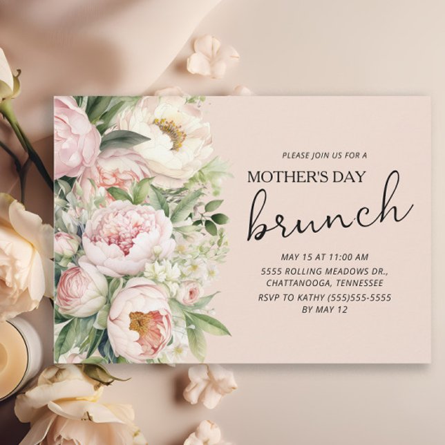 Invitación Elegante Brunch del Día de la Madre con flores ros (Pink peonies Mother's Day Brunch invitation)
