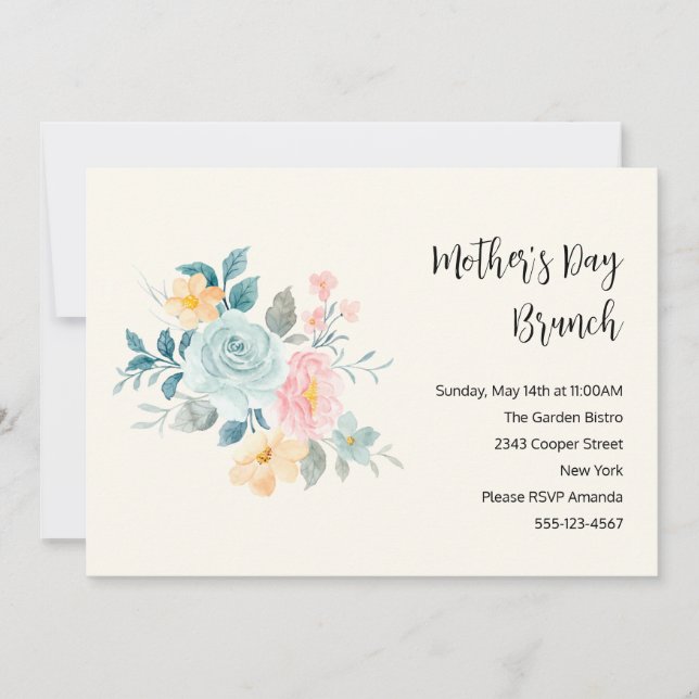Invitación Elegante brunch del día de la madre con flores ros (Anverso)