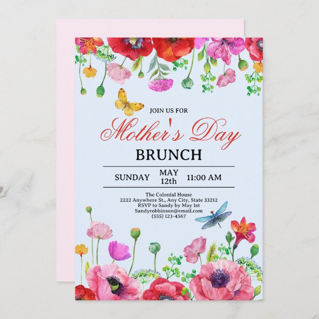 Invitación Elegante Brunch del Día de la Madre con Moda azul  (Anverso / Reverso)
