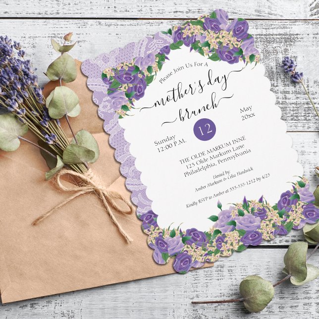 Invitación Elegante brunch del día de la madre de los encajes (Elegant Purple Floral and Lace Mother's Day Brunch Invitation -Print and/or Digital Download Version)