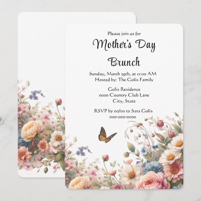 Invitación Elegante Brunch del Día de la Madre Floral (Anverso / Reverso)
