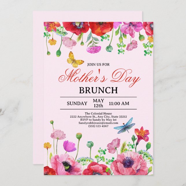 Invitación Elegante Brunch del Día de la Madre Rosa de Flor S (Anverso / Reverso)
