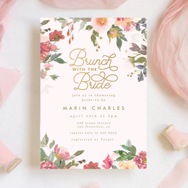 Invitación Elegante brunch dorado floral rosado con ducha de  (Subido por el creador)