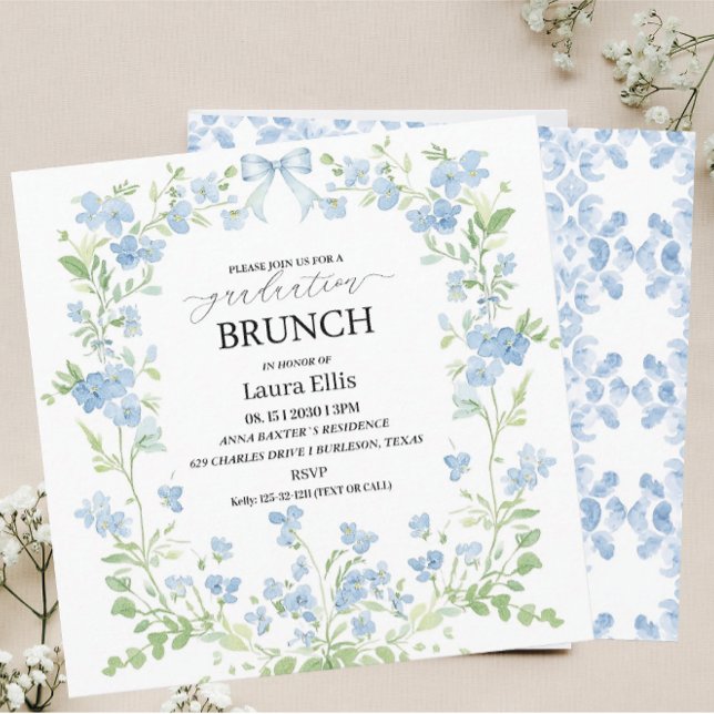 Invitación Elegante brunch floral azul de graduación Invitaci (Subido por el creador)