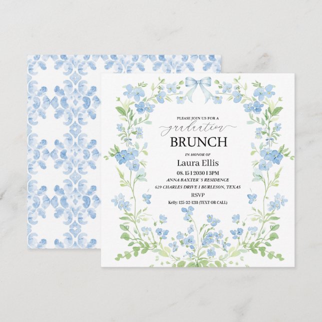 Invitación Elegante brunch floral azul de graduación Invitaci (Anverso / Reverso)