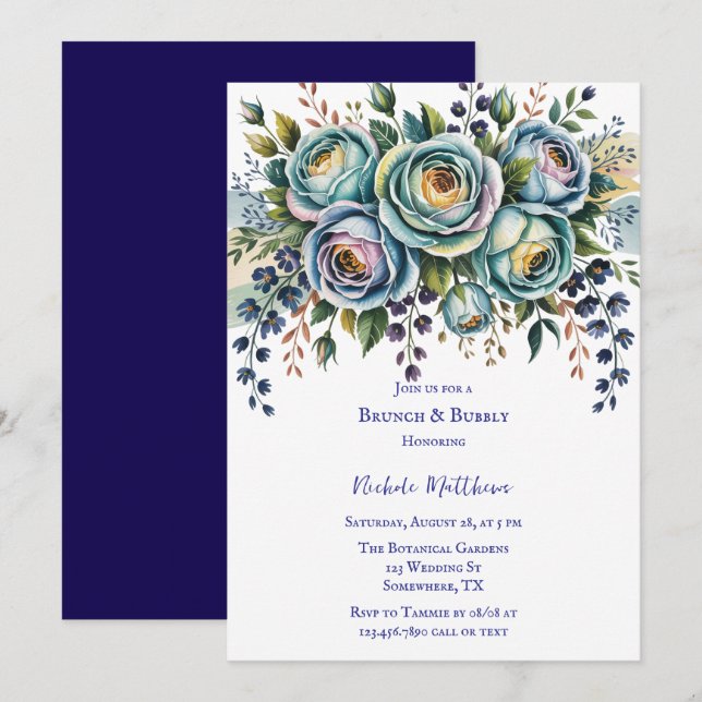 Invitación Elegante Brunch Floral Azul Turquesa y Bubbly (Anverso / Reverso)