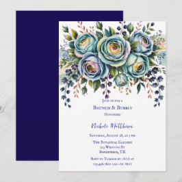 Invitación Elegante Brunch Floral Azul Turquesa y Bubbly