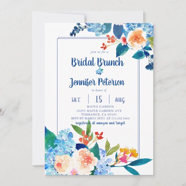 Invitación Elegante brunch floral azul y dulce (Anverso)