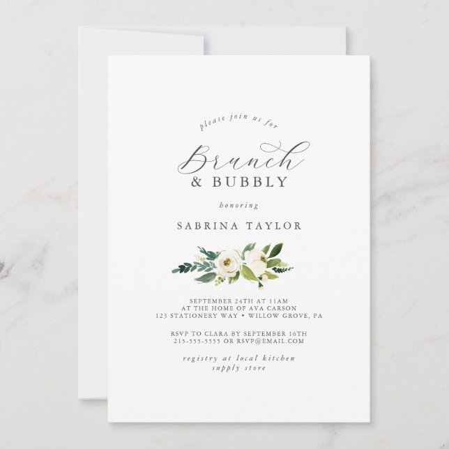 Invitación Elegante Brunch Floral Blanco y ducha Bubbly Brida (Anverso)