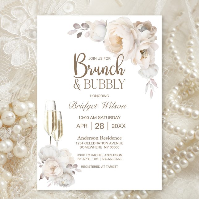 Invitación Elegante brunch floral crema y burbujeante (Subido por el creador)